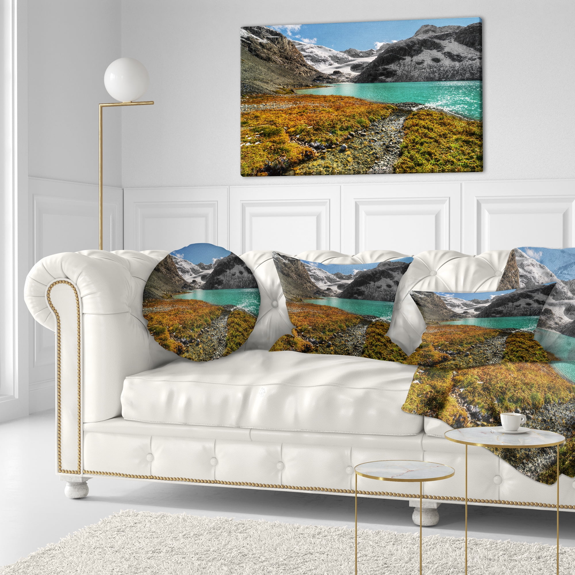 Designart Crystal Clear Lake among Mountains - Landscape Printed Throw Pillow - 12x20