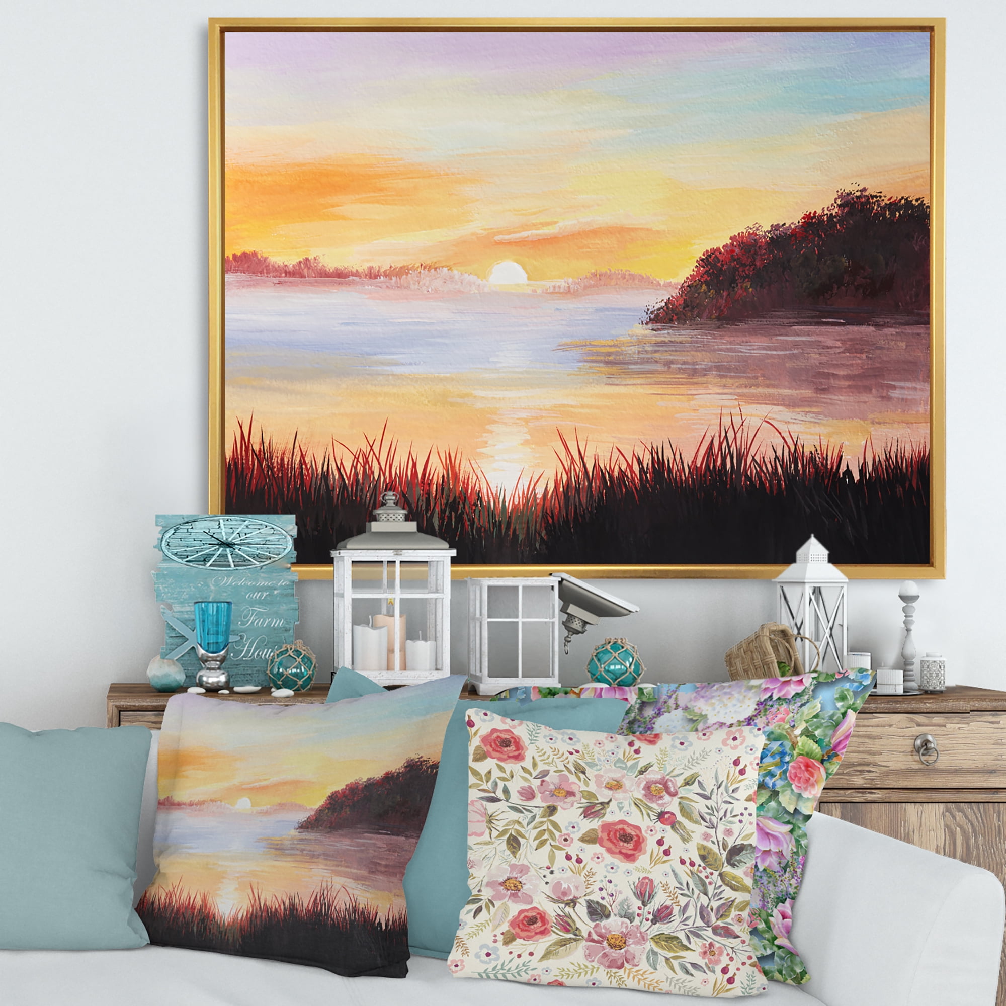 Designart 'The Reeds On The Lake In Evening Glow' Nautical & Coastal Framed Canvas Wall Art Print