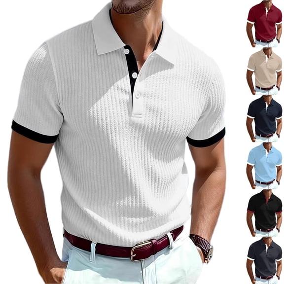 Hearthz Textured Knit Men's Polo Shirts Button Short Sleeve Mens Shirts Collared Mens Golf Shirt Wine L