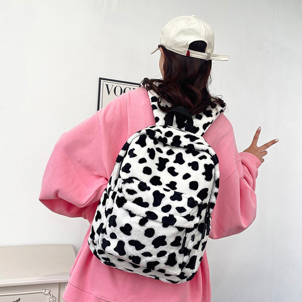 Jiibva Plush Animal Cow Print Backpack for Women Stylish Bag Personalized Travel Shoulder Bag Bookbag Trendy Daypack Purse