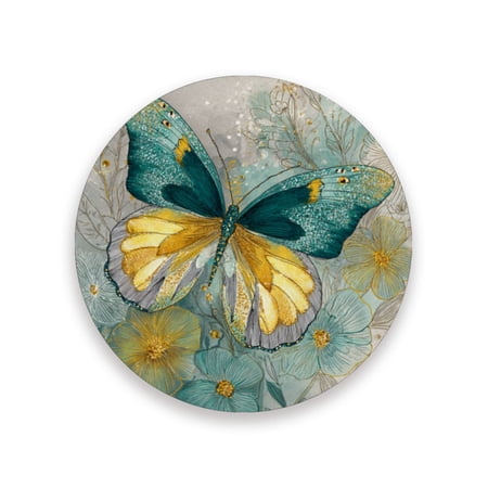 Qxltty One Pcs Drink Coasters Emerald Butterfly Ceramic Round Coaster Absorbent Suitable for Kinds of Cups Coffee Table