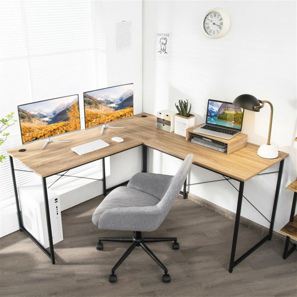 Demi Bonn 95" 2-Person L-Shaped Long Reversible Computer Desk with Monitor Stand, Small Home Office Desk Study Writing Table, Natrual