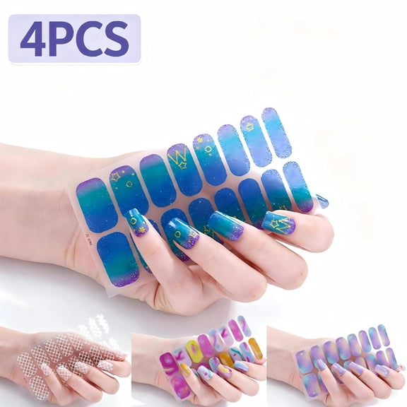 4PCS Nail Stickers, Self-Adhesive Nail Polish Strips, Full Cover Nail Wraps, Decorative Nail Decals for Women, Removable Gradient Glitter Grid Manicure
