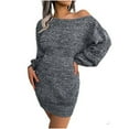 thumbnail image 1 of Vestido de suéter de punto con manga farol y hombros descubiertos con cuello de una palabra a la moda de otoño e invierno para mujer Fridja  yut6440, 1 of 6