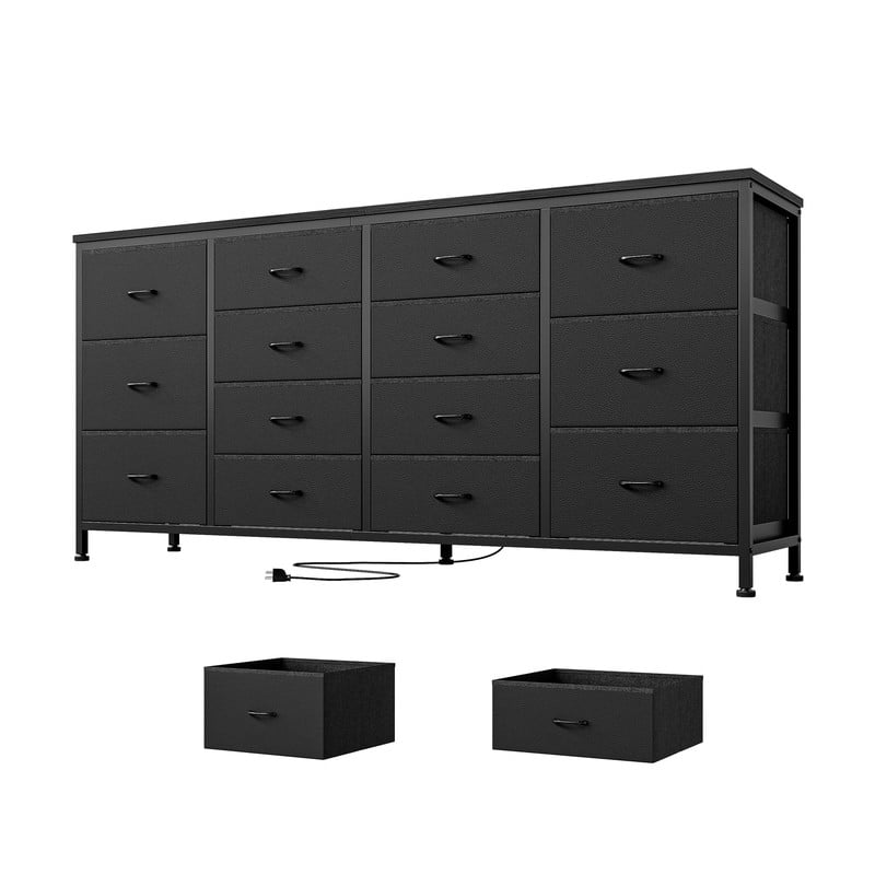 TROPOW 63" W Long Fabric Dresser TV Stand with 14 Drawers, Power Outlets, for 65 70 75 Inch TVs, Entertainment Center for Bedroom Living Room Storage