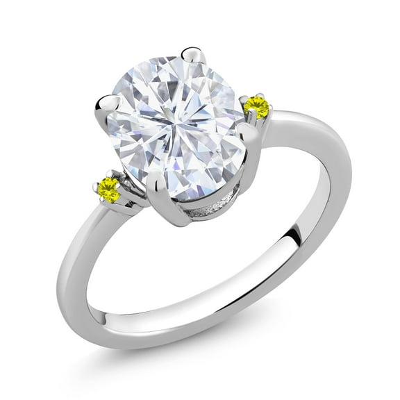 Gem Stone King 925 Sterling Silver White Moissanite and Canary Diamond 3 Stone Ring for Women (3.03 Cttw, Oval 10X8MM, Gemstone Birthstone, Size 7)