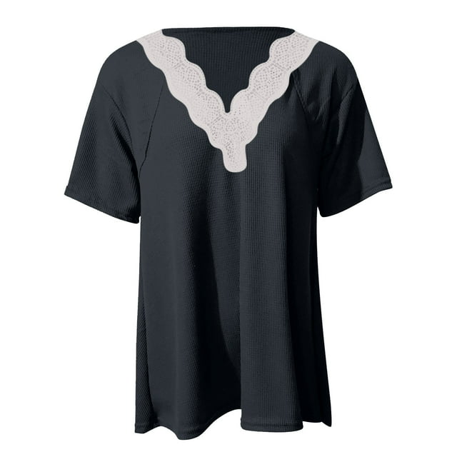 Mode Femmes Été V-Cou Couleur Unie Manches Courtes Blouse Décontractée Tops
