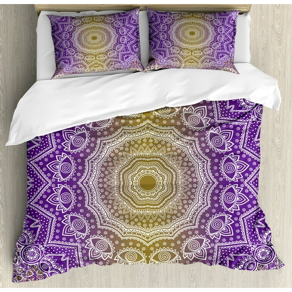 Yellow and Purple Duvet Cover Set, Mandala Ombre East Tradition Deep Mystic Magic in Cosmos Psychic Image, Decorative 3 Piece Bedding Set with 2 Pillow Shams, King Size, Violet, by Ambesonne