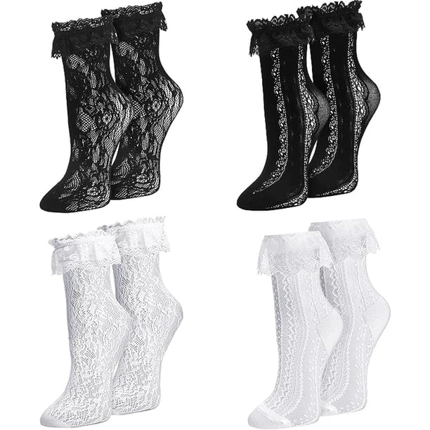 Calcetines tobilleros de encaje para mujer, con volantes, color blanco y negro, con ribete de encaje, calcetines Lolita, calcetines altos al tobillo para mujer