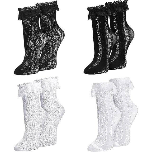 Calcetines tobilleros de encaje para mujer, con volantes, color blanco y negro, con ribete de encaje, calcetines Lolita, calcetines altos al tobillo para mujer