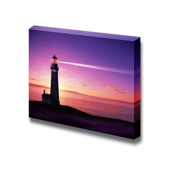 Beautiful Scenery Landscape Lighthouse Searchlight Beam Through Marine Air at Night - Canvas Art Wall Art - 24" x 36"