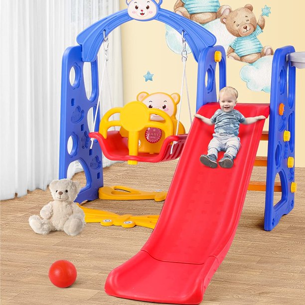 Arlopu Freestanding Toddler Slide and Swing Set, Kids Climber Slide Playset with Basketball Hoop