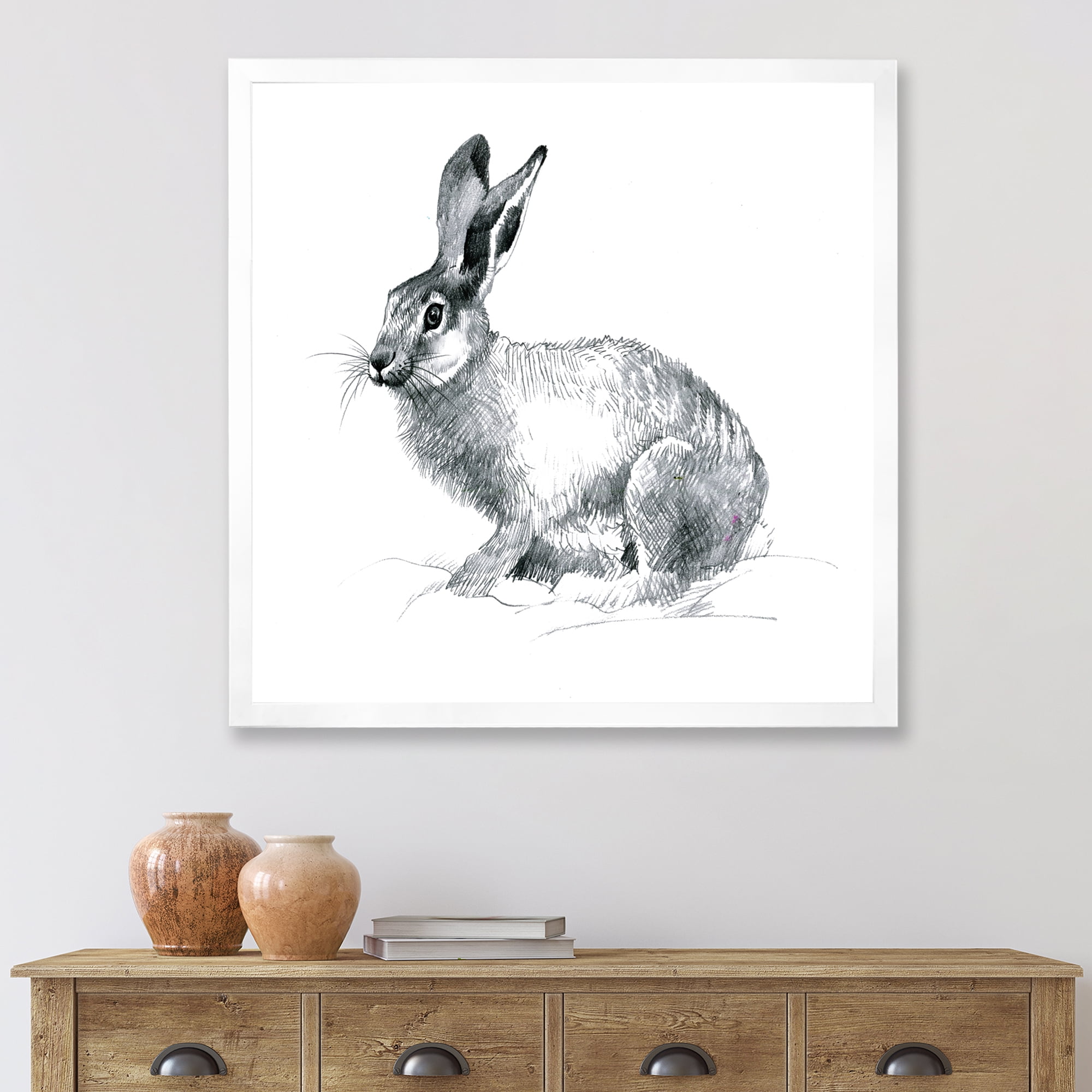 Designart 'Black and White Portrait Of Rabbit' Farmhouse Framed Art Print