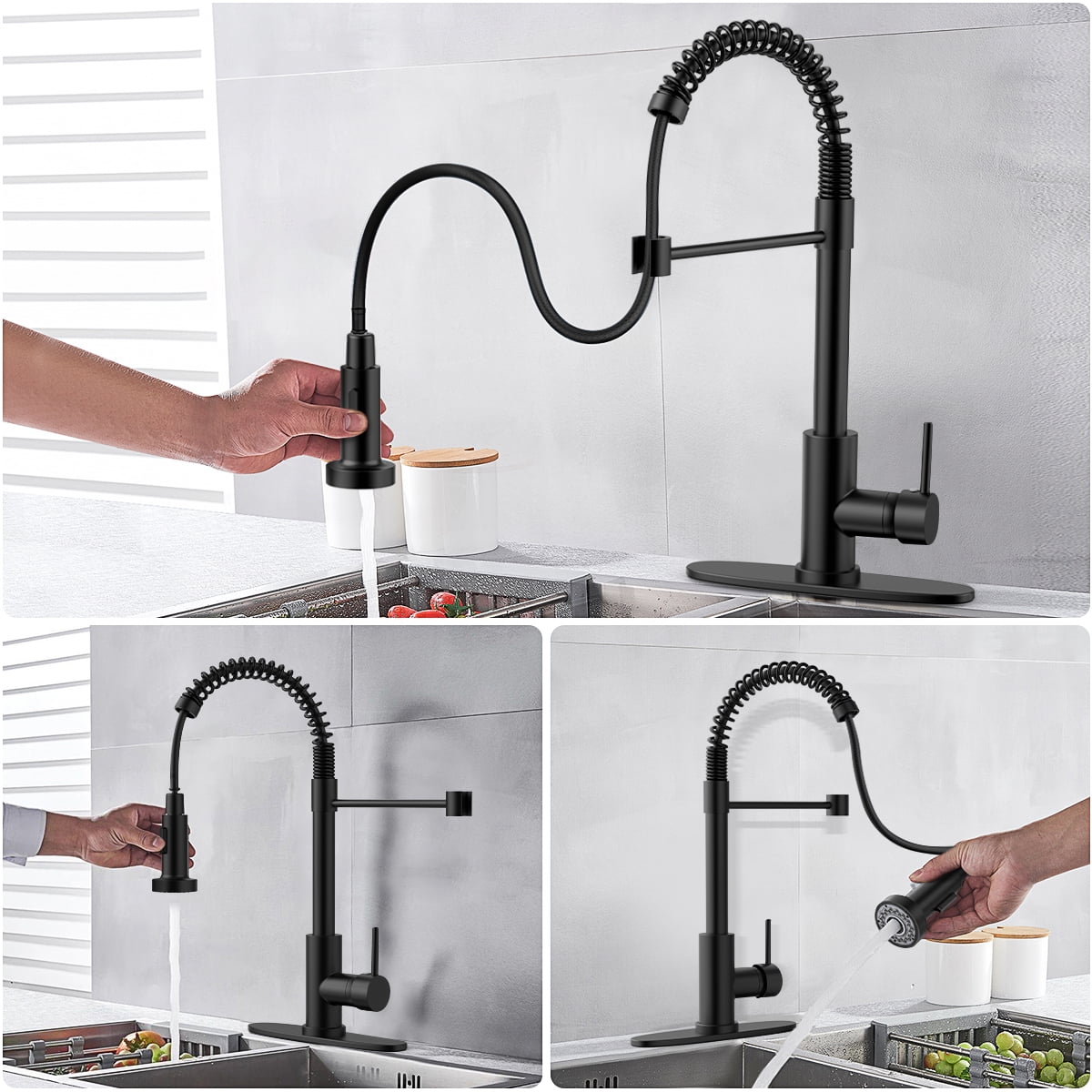 Kitchen Faucet w/ Pull Down Sprayer, High Arc Spring Kitchen Sink Faucet, Modern rv Single Handle Water faucets with Deck Plate&Water Lines, Dual Function for Bar/Laundry/Utility Sink(Matte Black)