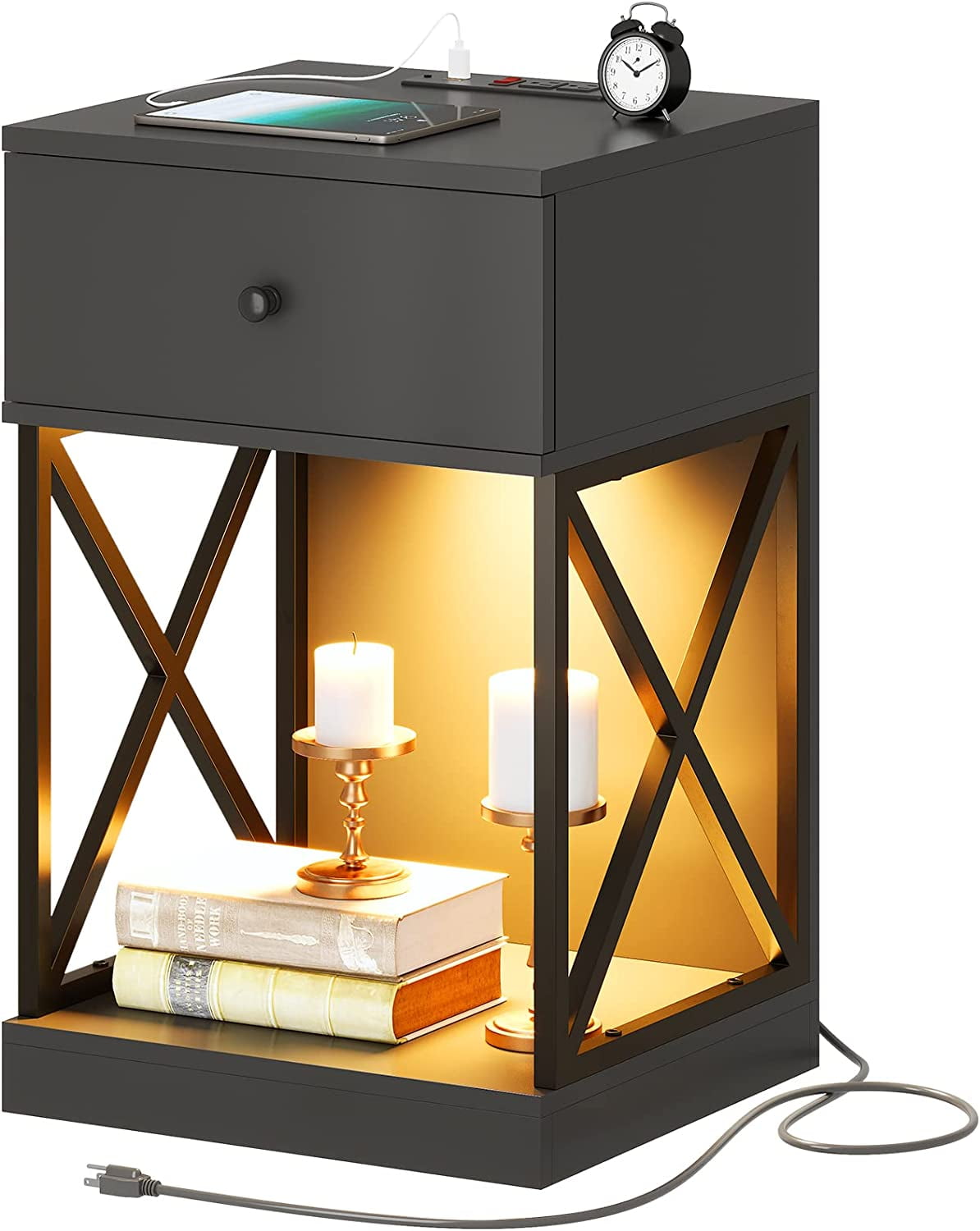 Black Nightstand with Charging Station, Smart LED Night Stand with