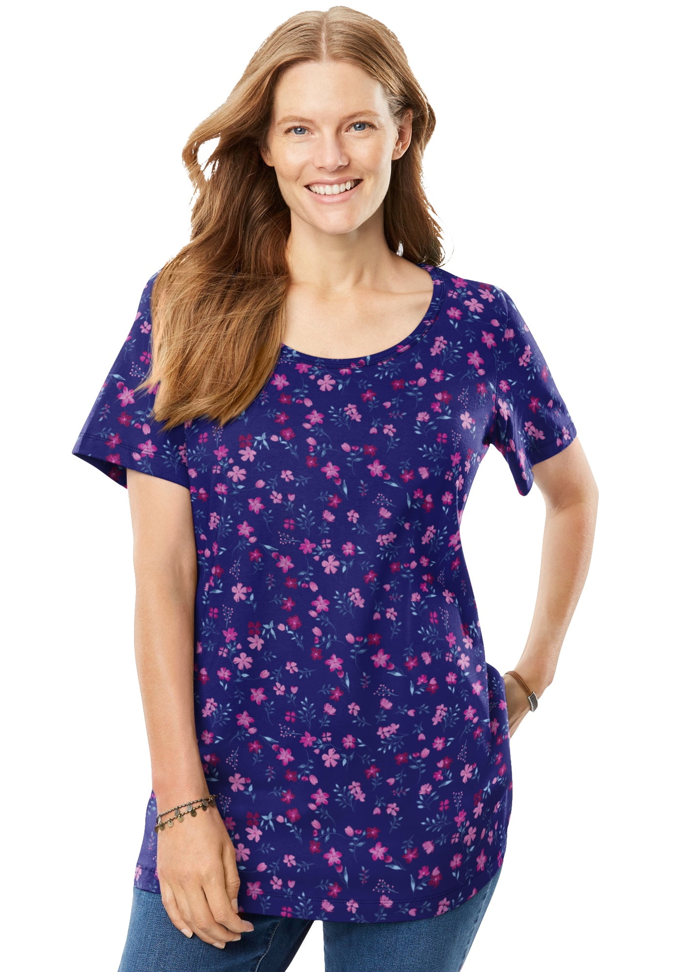 Woman Within Women's Plus Size Perfect Printed Short-Sleeve Scoop-Neck Tee Shirt 