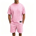 thumbnail image 2 of Outfits Casual Shirt And Shorts Set Men's Solid Color T-Shirt Short Sleeve And Drawstring Elastic Waist Shorts Casual Set Suit Pink M, 2 of 5