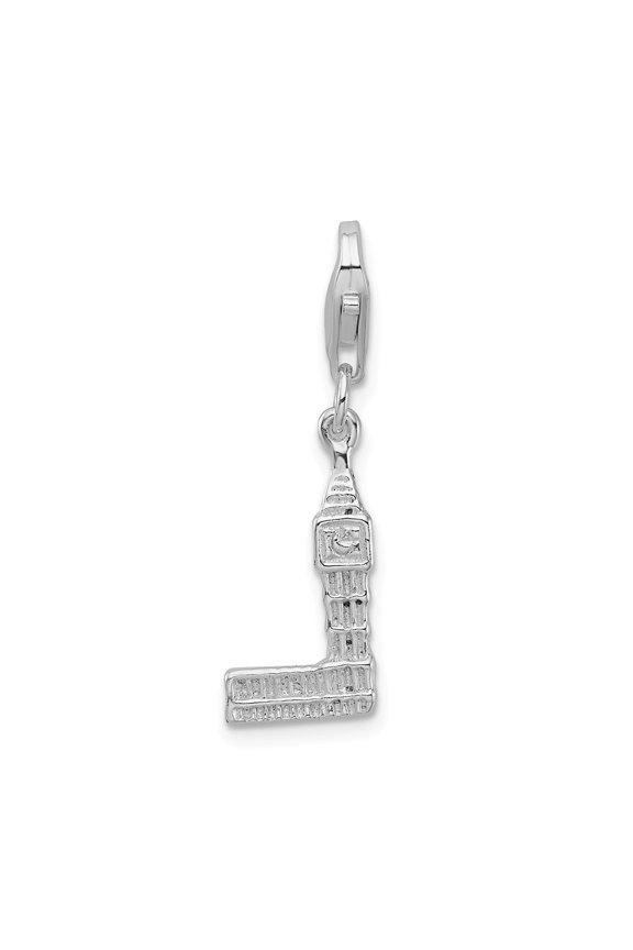 925 Sterling Silver RH 3-D Polished Big Ben With Lobster Clasp Charm Pendant; for Adults and Teens; for Women and Men