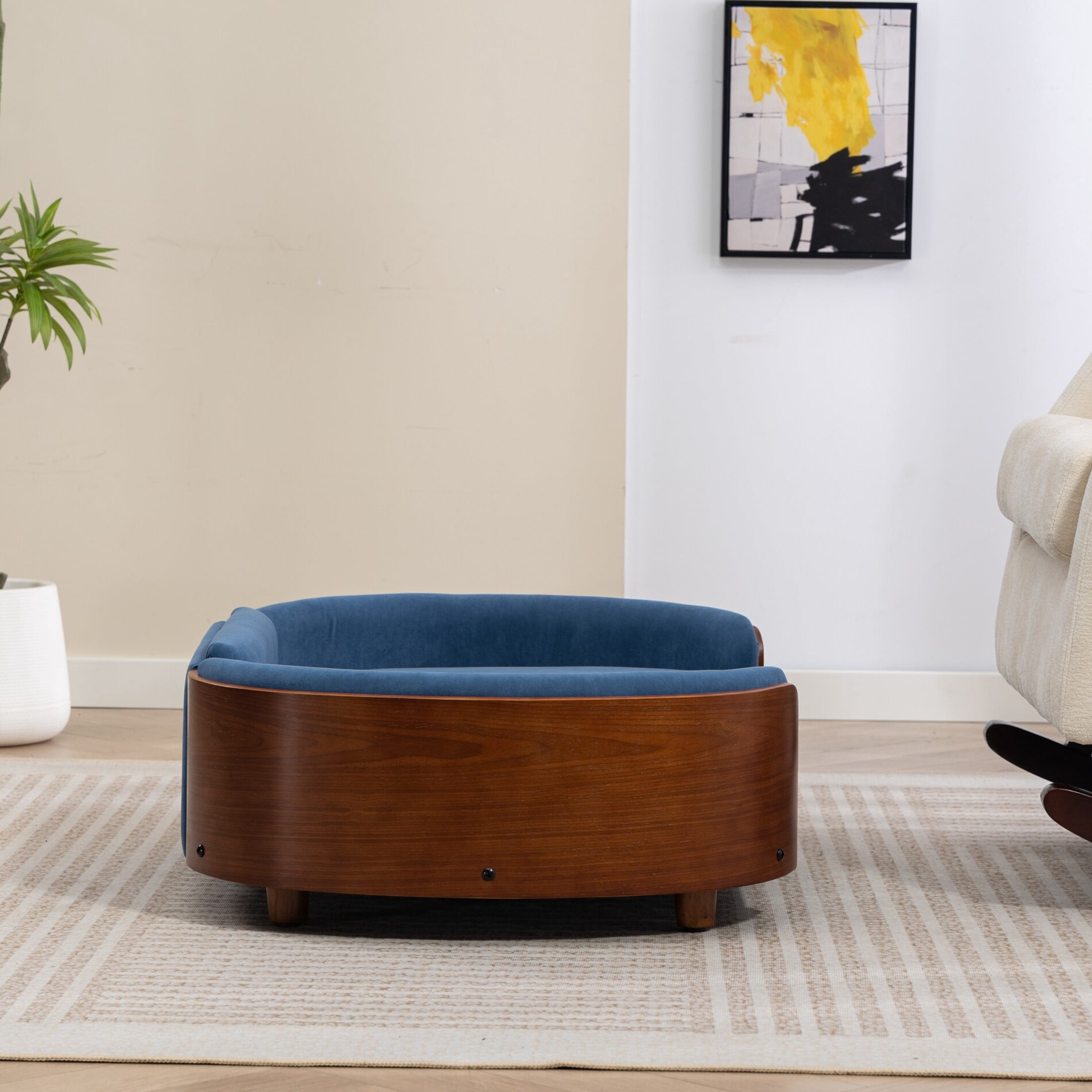 Noble House Scandinavian Elevated Large Dog Bed, Pet Sofa with Solid Wood Frame, Dark Blue and Walnut
