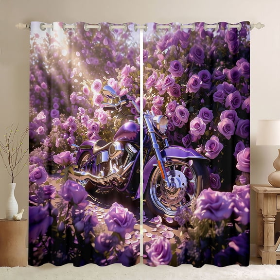 Castle Fairy Purple Motorcycle Black Out Curtains for Teens, Rose Garden Art Curtains Pack of 2 (42x63 Each) for Bedroom, Purple Pink