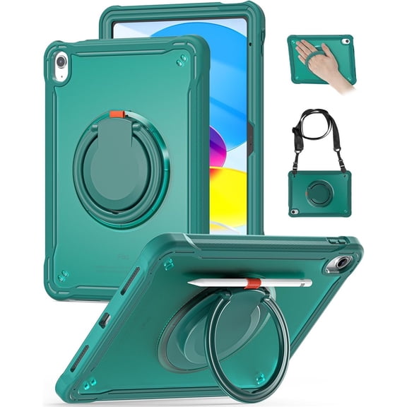 Case for iPad (A16) 11th/10th Generation Case 11 inch 2025/10.9'' 2022 Handle Protective Cover 360 Rotating Ring Stand, Shockproof Dropproof Case for Kids Kickstand & Pencil Holder & Shoulder Strap