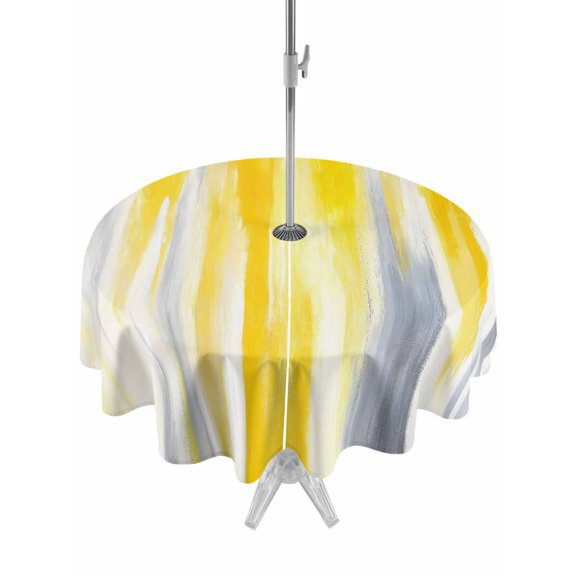 Outdoor Tablecloth with Umbrella Hole, Yellow Gray White Spillproof Waterproof Outdoor Table Cover, Farmhouse Gradient Abstract Art Patio Tablecloths for Party/Garden/Picnic, Round 54 inch
