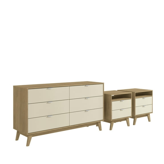 Kappesberg Hanford Light Brown/Creme 56.8"W Dresser and Two Nightstand Bedroom Set - for Adults and Teens