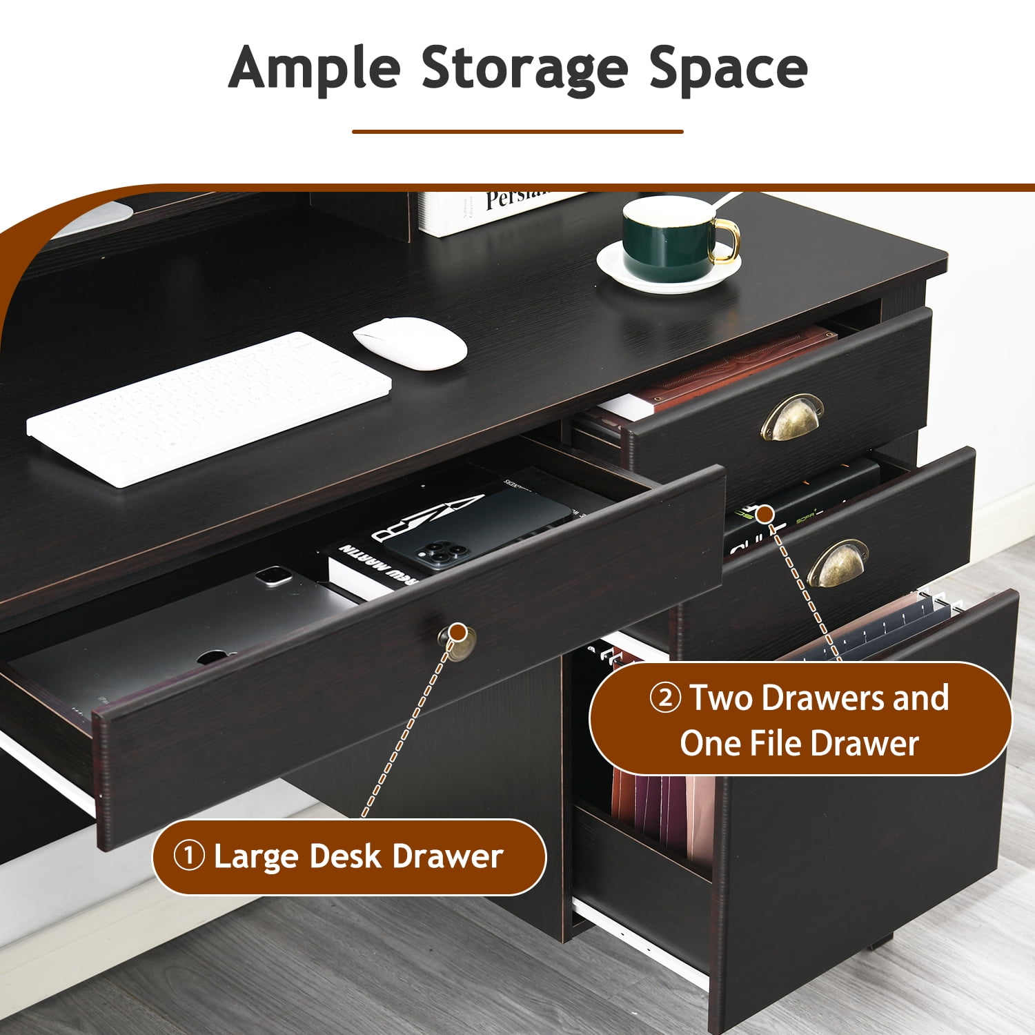 Catrimown Computer Desk, 47.5 in Wood Home Office Desk with Hutch and 4 Drawers, Monitor Stand, Espresso Brown