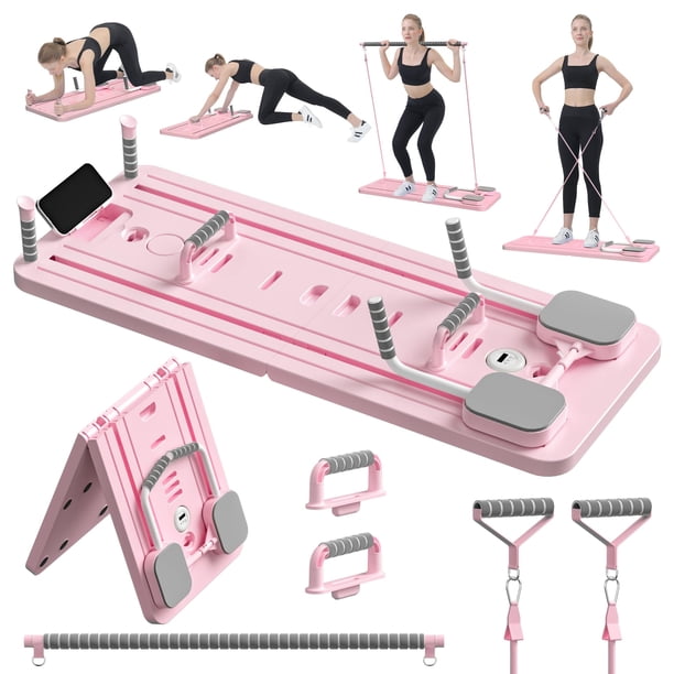 Set Pilates Reformer JANUA, tabla de pilates con barra de flexiones, color rosa