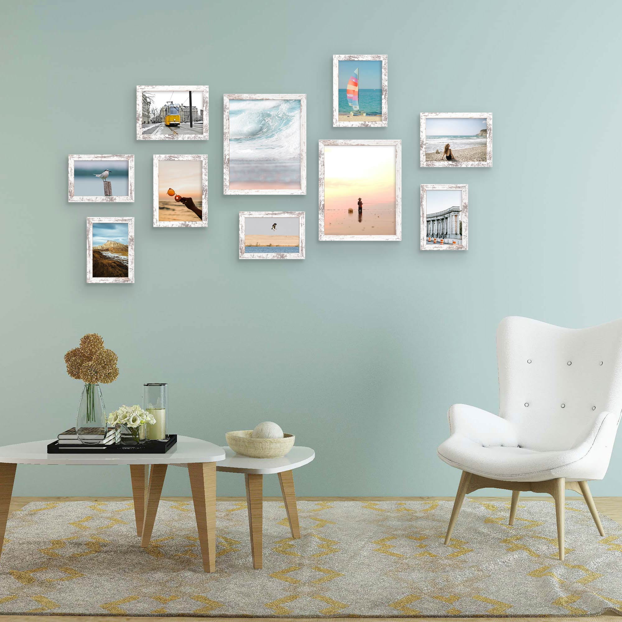 Meframe 10PACK Wooden Collage Picture Frame Set, Wall and Tabletop Display Photo Frames, Multiple Sizes Including 8x10, 5x7, 4x6, Frosted White