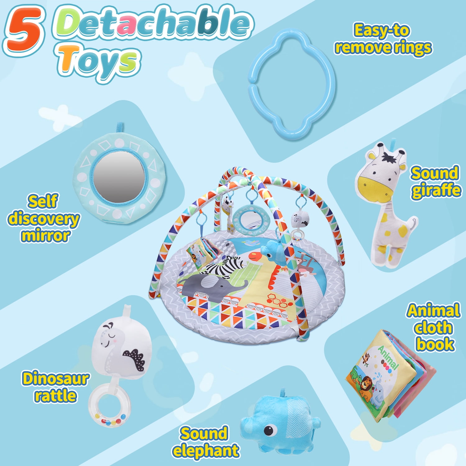 JoyStone Baby Gym Play Mat Activity Mat with 5 Detachable Toys, Round Tummy Time Play Mat for Newborns & Infants 0–12 Months