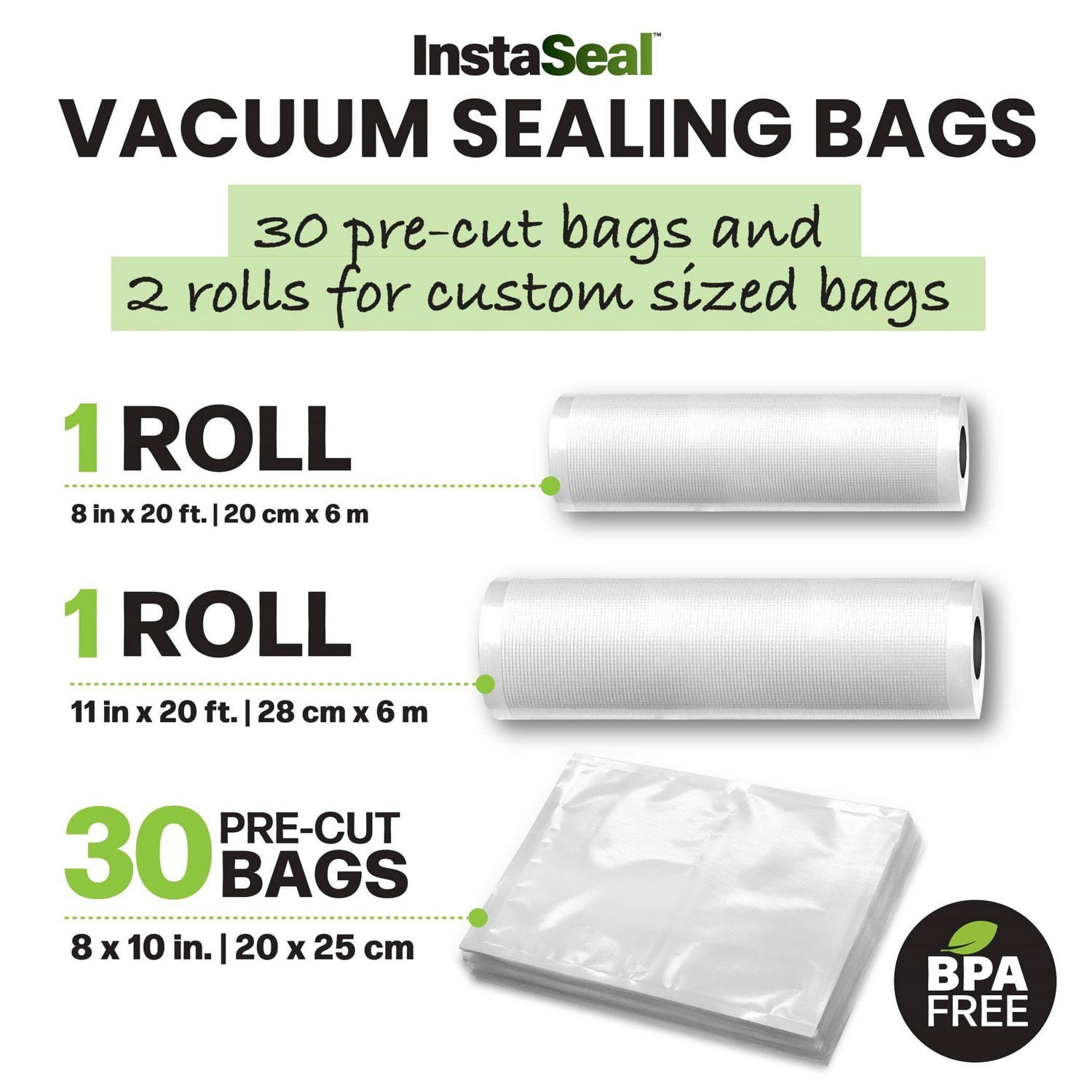 InstaSeal Clear BPA-Free 2 Rolls and 30 Pre Cut Vacuum Sealer Bags PA+PE Food Storage Freezer Safe