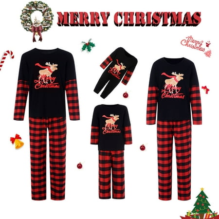 

Christmas Family Matching Pajamas Sets Deer Print Tops + Plaid Pants Sleepwear Xmas Holiday Loungewear Jammies Pjs Outfit