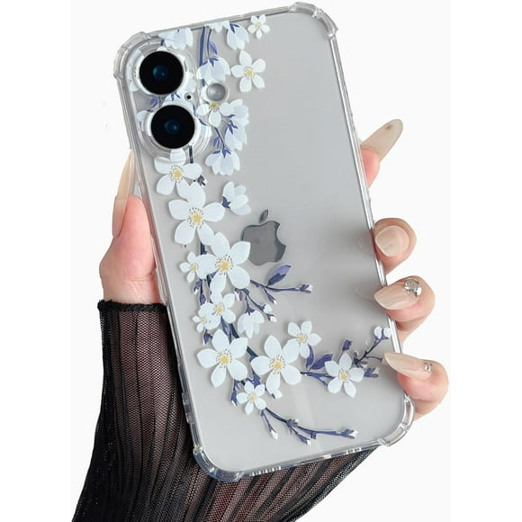 UTAH-Soft Case Compatible with iPhone 16, Clear Floral Flower Pattern Print Design Flexible TPU Shockproof Cover for Women Girls, Flower Protective Phone Case, White Pear Blossom