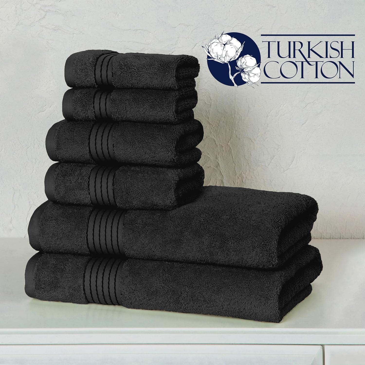 Bath Towels Set 6-Piece Original Turkish Cotton Soft, Absorbent and Premium Towel for Bathroom, Black