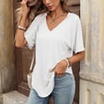 thumbnail image 2 of Kinrui Womens Short Sleeve Hooded T-Shirts Casual V Neck Loose Fit Lightweight Solid Color Pullover Top White 2XL, 2 of 8