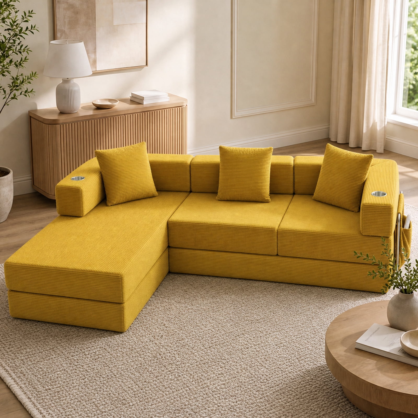 Garitin Sectional Sofa and Modular L Shape Cloud Couch 108 Inch, Boneless Deep Seat Corduroy Living Room Furniture, Yellow
