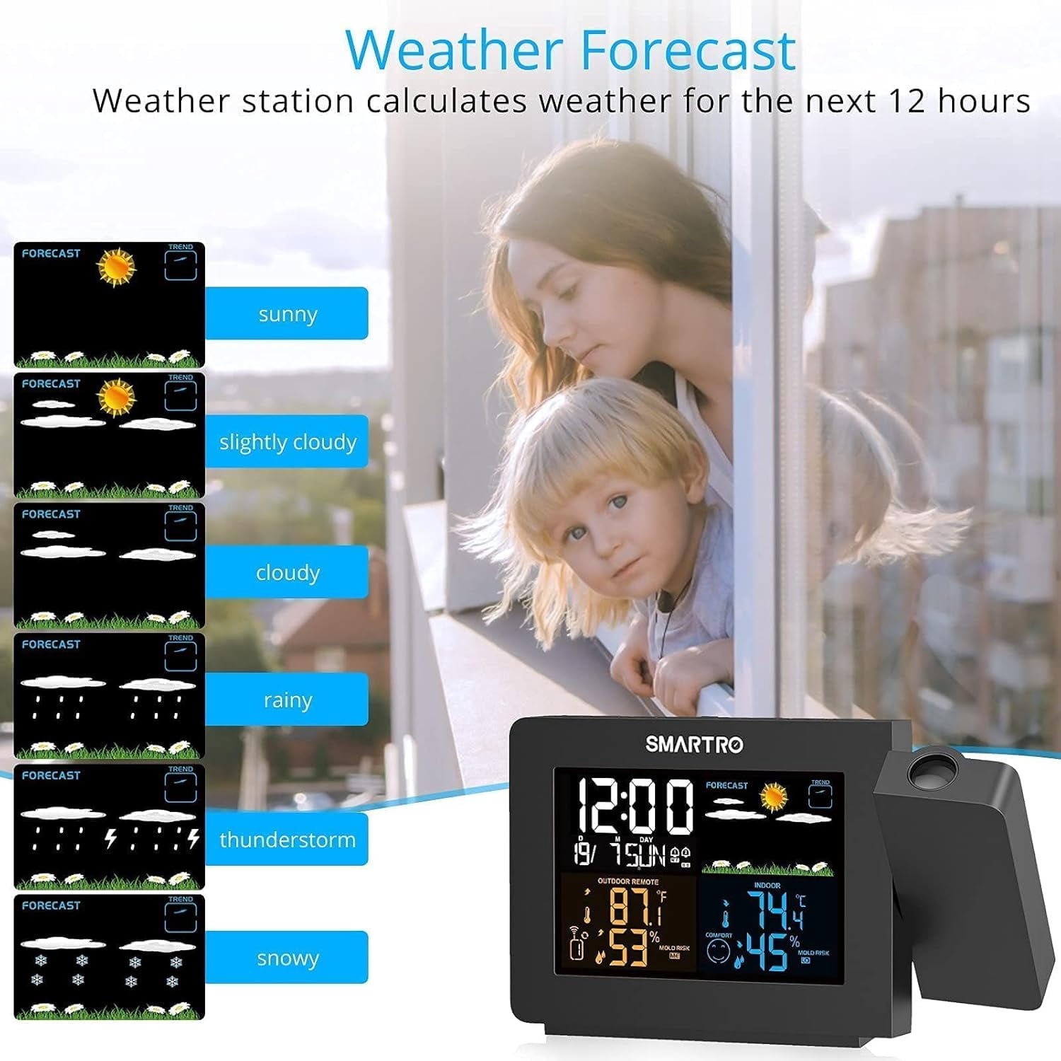 SC91 Projection Alarm Clock with Weather Station & SC42 Hygrometer for Bedroom