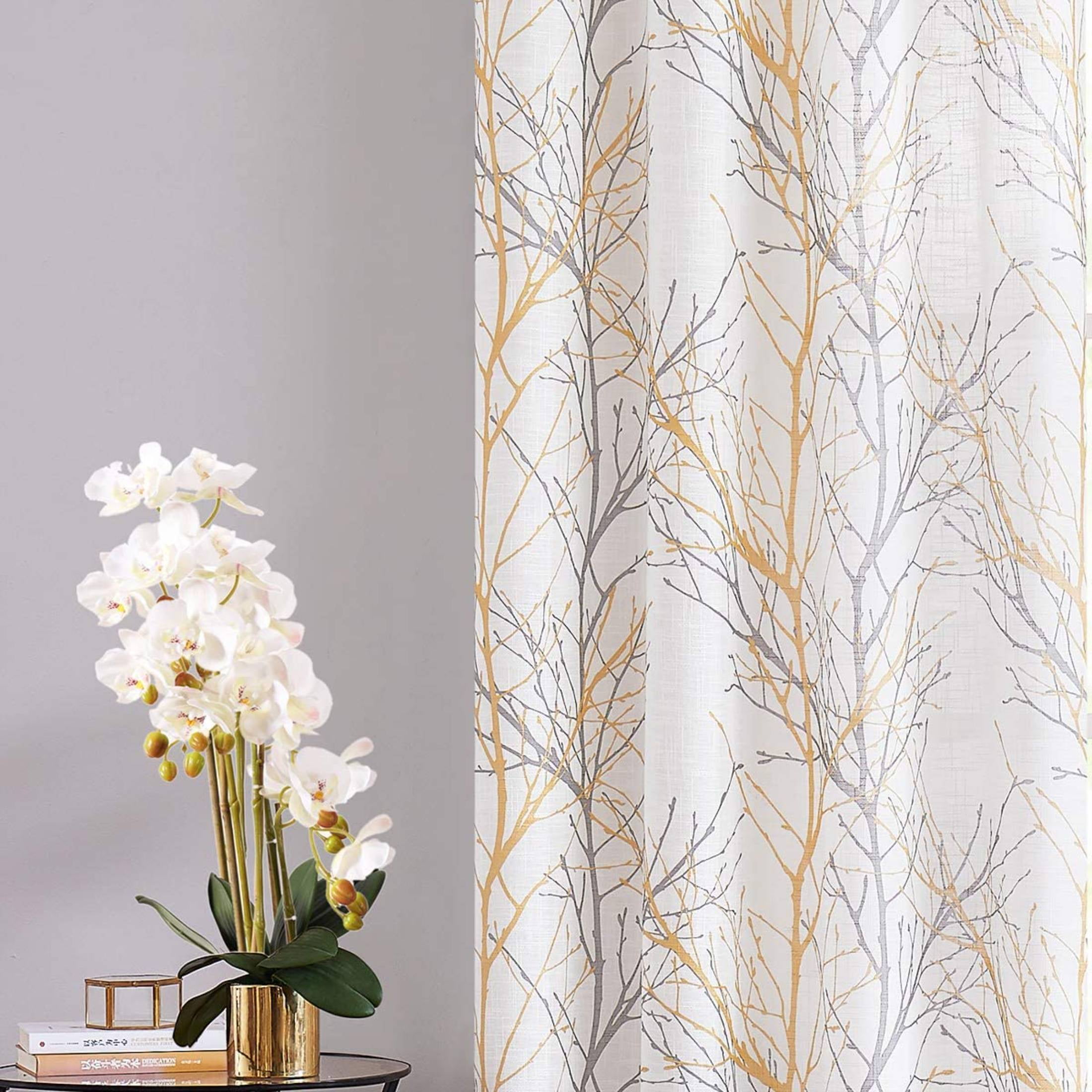 Decoultimatex White Semi Sheer Curtains Yellow Grey Branches Printing on Linen Textured White Window Treatment Panels for Living Room Bedroom Drapes, 50"x96"x2