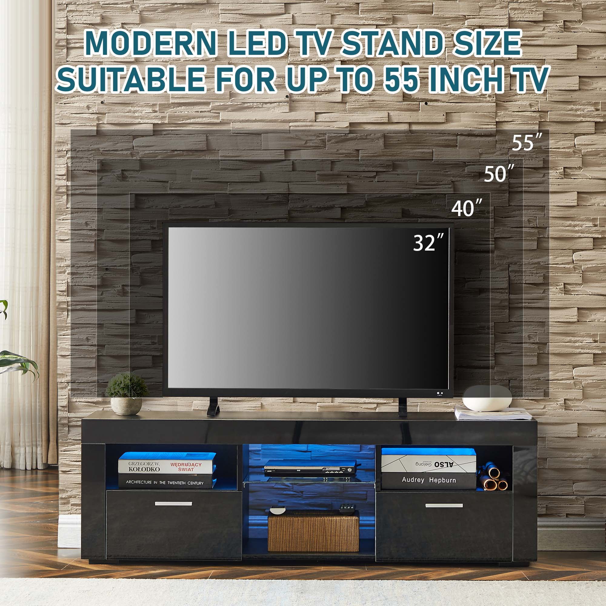 Aukfa Modern LED TV Stand for 55 inch TV, High Gloss TV Cabinet for Living Room - Black