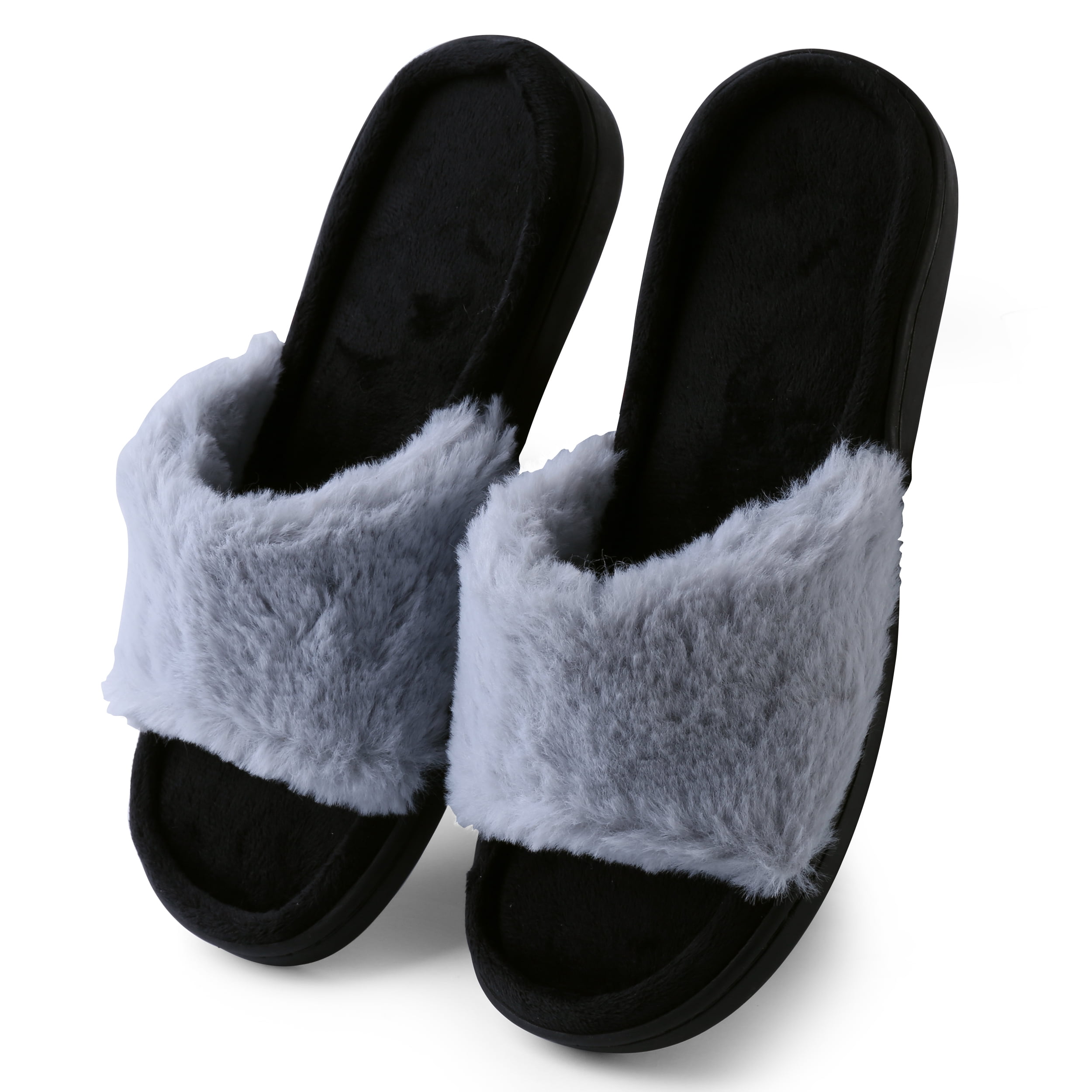 Fluffy Slide Slippers for Women – Soft Fleece Open Toe Indoor Slip-On House Shoes with Non-Slip Rubber Sole, Cozy Home Lounge Footwear