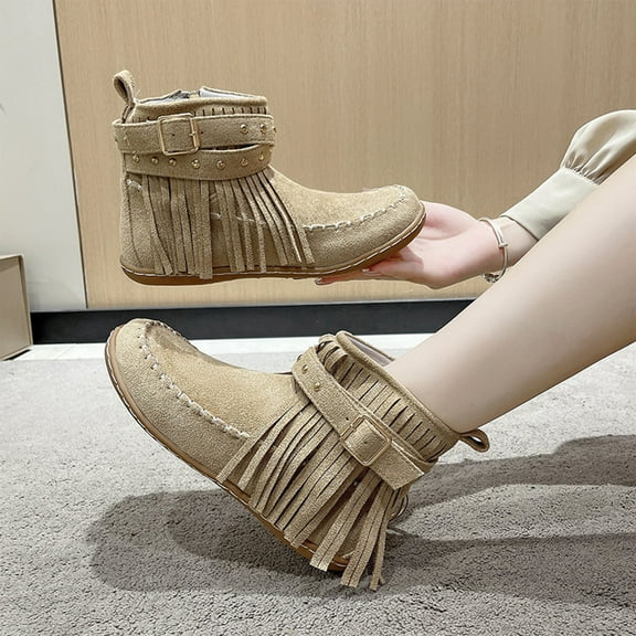 PiGOGI Women's Tassel Ankle Boots, Short Barrel Boots for Women, Side Zipper Flat Sole Winter Boots Khaki 43