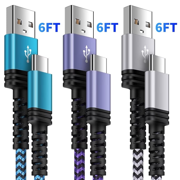 USB C Cable,FiveBox USB A to USB C Cables 6ft 3pack Android Type C Charging Cords 3A Fast USB C Charger Cables Nylon Braided USB C Charging Cable USB to Type C Cable 6ft(White,Purple,Blue)