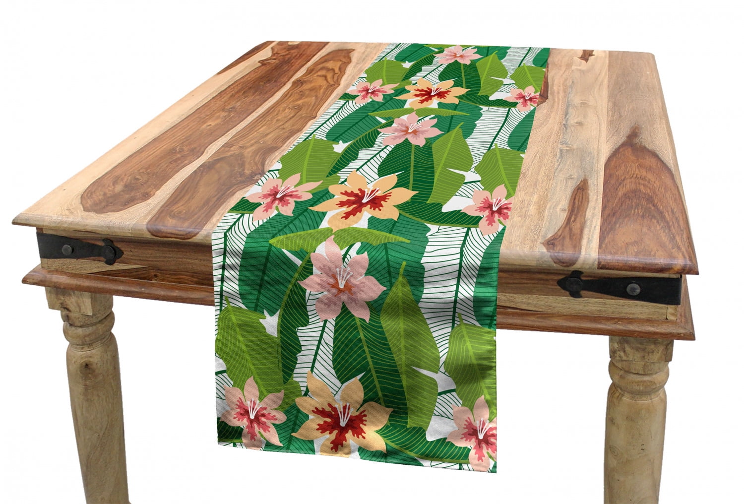 Floral Table Runner, Exotic Hawaiian Style Botanical Pattern for