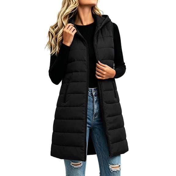 Caywon Women's Outerwear Vests, Hooded Quilted Longline Sleeveless Padded Zip Front with Pockets, Warm Lightweight Winter Casual Daily Wear for Women