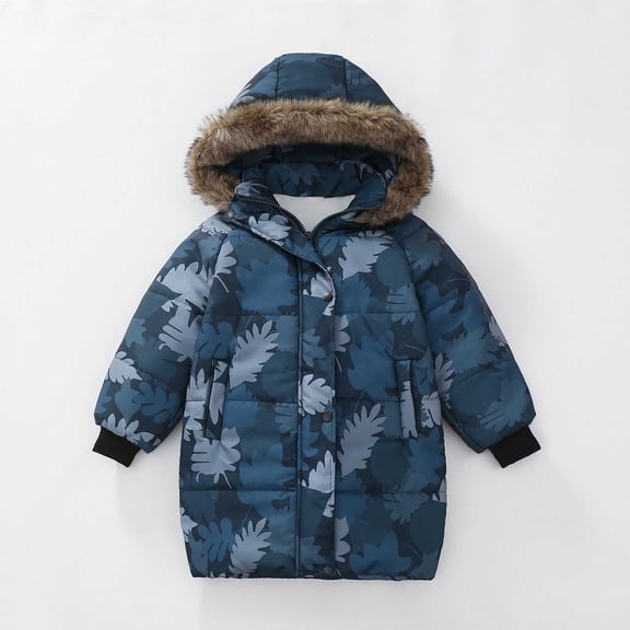 Cuzibr Girls Winter Jacket Plush Hooded Camouflage Dinosaur Print Jackets Thicken Lined Padded Windproof Zipper Mid-Length Snowwear Winter Coat,Navy,5-6 Years