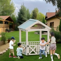 Wooden Playhouse for Kids Aged 5-8, Outdoor Kids Playhouse With 2 Doors, Fences And Working Table, Boy Girl Cottage House For Outdoor Patio Yard Garden