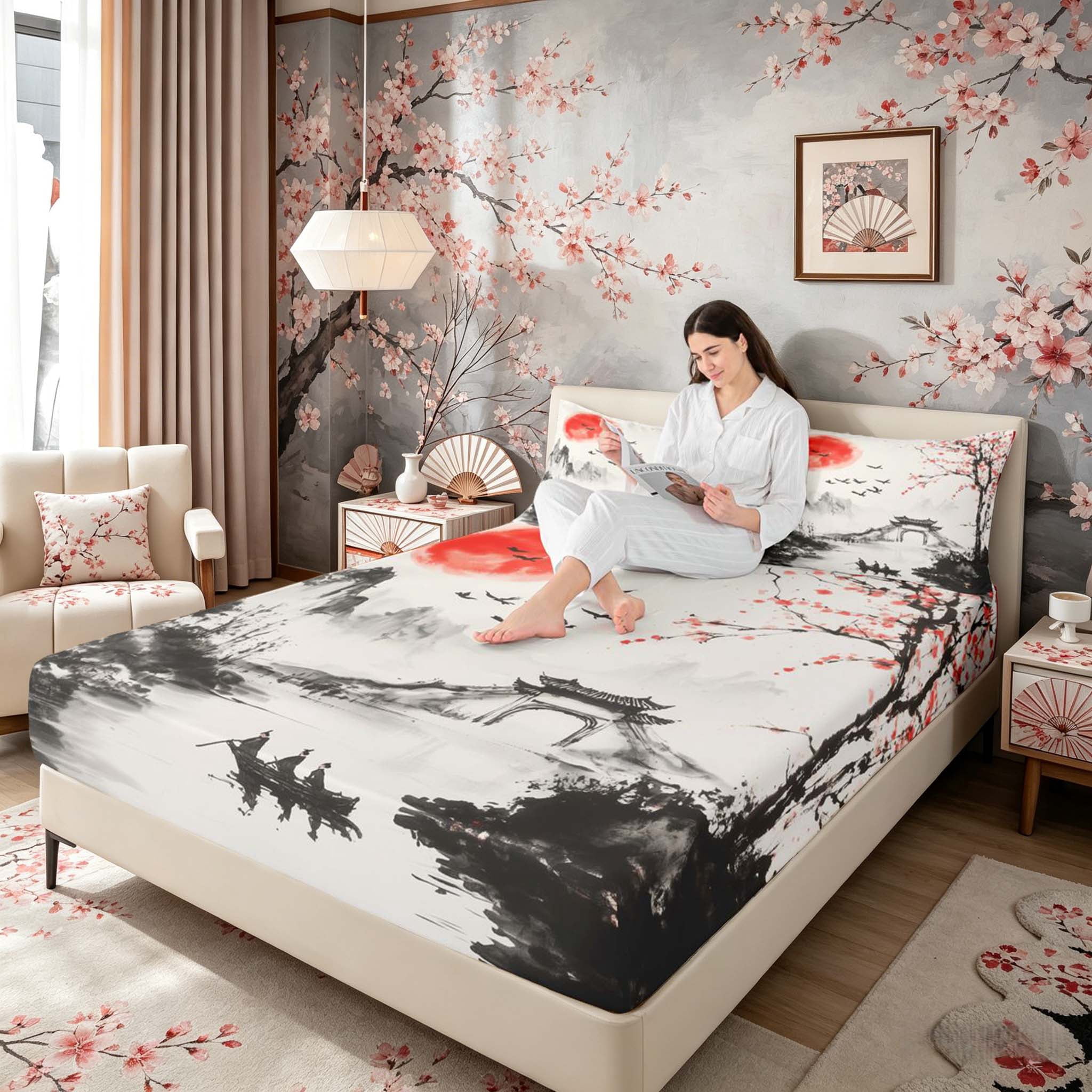 Manfei Ink Red Sun Boat Queen Sheet Sets for Girls Women, Plum Tree Bed Set, Black Red White 4 Pieces, 1 Flat Sheet, 1 Fitted Sheet and 2 Pillowcases