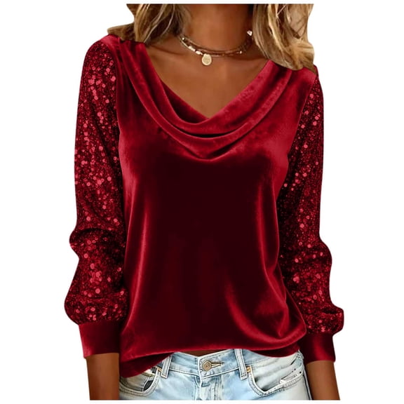 Atogsazn Women's Sequin Sleeve Velevt Blouse V Neck Pullover Tops Bussiness Work Outfit Clothing Outerwear 01-Wine XL Fashion