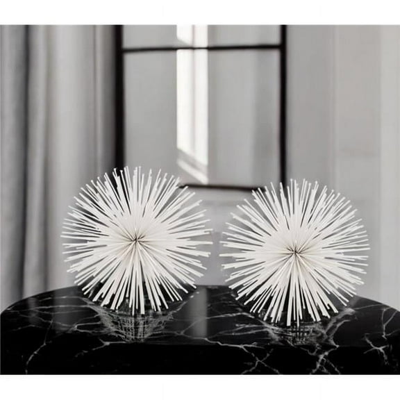 HomeRoots 568890 White Iron Decorative Spiky Sphere Tabletop Sculpture - Set of 2